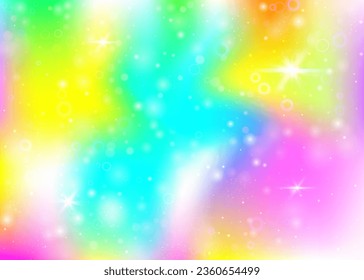 Magic background with rainbow mesh. Mystical universe banner in princess colors. Fantasy gradient backdrop with hologram. Holographic magic background with fairy sparkles, stars and blurs.