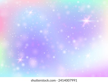 Fondo mágico con malla arco iris. Cartel místico del universo en colores princesas. Fondo gradiente de fantasía con holograma. Fondo de magia holográfica con destellos de hadas, estrellas y borrosas.