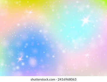 Magic background with rainbow mesh. Mystical universe banner in princess colors. Fantasy gradient backdrop with hologram. Holographic magic background with fairy sparkles, stars and blurs.
