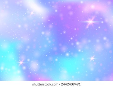 Fondo mágico con malla de arco iris. Banner de universo místico en colores princesa. Fondo de gradiente de fantasía con holograma. Fondo mágico holográfico con destellos de hadas, estrellas y desenfoques.