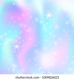 Magic background with rainbow mesh. Trendy universe banner in princess colors. Fantasy gradient backdrop with hologram. Holographic magic background with fairy sparkles, stars and blurs.