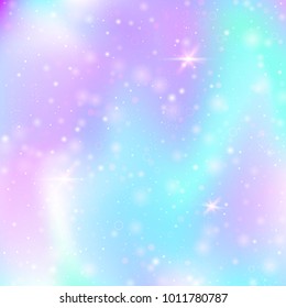 Magic background with rainbow mesh. Trendy universe banner in princess colors. Fantasy gradient backdrop with hologram. Holographic magic background with fairy sparkles, stars and blurs.