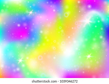 Magic background with rainbow mesh. Trendy universe banner in princess colors. Fantasy gradient backdrop with hologram. Holographic magic background with fairy sparkles, stars and blurs.