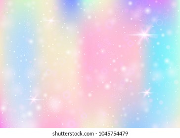 Fundo mágico com malha de arco-íris. Banner moderno universo em cores de princesa. Fundo de gradiente de fantasia com holograma. Fundo mágico holográfico com faíscas de fadas, estrelas e borrões.