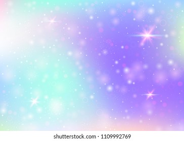 Magic background with rainbow mesh. Trendy universe banner in princess colors. Fantasy gradient backdrop with hologram. Holographic magic background with fairy sparkles, stars and blurs.