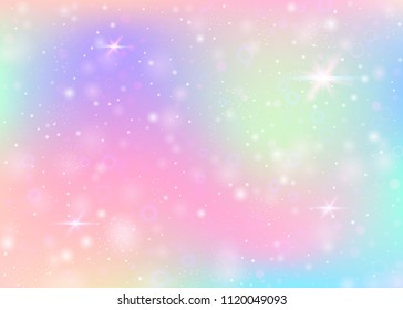 Magic background with rainbow mesh. Trendy universe banner in princess colors. Fantasy gradient backdrop with hologram. Holographic magic background with fairy sparkles, stars and blurs.
