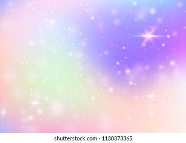 Magic background with rainbow mesh. Trendy universe banner in princess colors. Fantasy gradient backdrop with hologram. Holographic magic background with fairy sparkles, stars and blurs.