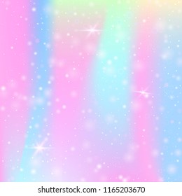 Magic background with rainbow mesh. Trendy universe banner in princess colors. Fantasy gradient backdrop with hologram. Holographic magic background with fairy sparkles, stars and blurs.
