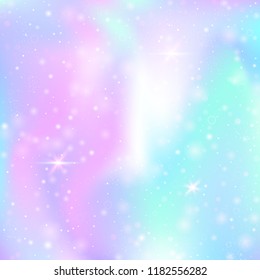 Magic background with rainbow mesh. Trendy universe banner in princess colors. Fantasy gradient backdrop with hologram. Holographic magic background with fairy sparkles, stars and blurs.