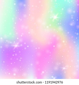 Magic background with rainbow mesh. Trendy universe banner in princess colors. Fantasy gradient backdrop with hologram. Holographic magic background with fairy sparkles, stars and blurs.