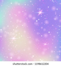 Magic background with rainbow mesh. Trendy universe banner in princess colors. Fantasy gradient backdrop with hologram. Holographic magic background with fairy sparkles, stars and blurs.