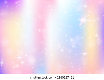 Magic background with rainbow mesh. Trendy universe banner in princess colors. Fantasy gradient backdrop with hologram. Holographic magic background with fairy sparkles, stars and blurs.