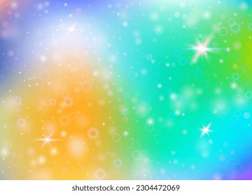 Magic background with rainbow mesh. Trendy universe banner in princess colors. Fantasy gradient backdrop with hologram. Holographic magic background with fairy sparkles, stars and blurs.