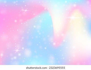 Magic background with rainbow mesh. Trendy universe banner in princess colors. Fantasy gradient backdrop with hologram. Holographic magic background with fairy sparkles, stars and blurs.