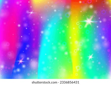 Magic background with rainbow mesh. Trendy universe banner in princess colors. Fantasy gradient backdrop with hologram. Holographic magic background with fairy sparkles, stars and blurs.