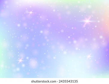 Magic background with rainbow mesh. Trendy universe banner in princess colors. Fantasy gradient backdrop with hologram. Holographic magic background with fairy sparkles, stars and blurs.