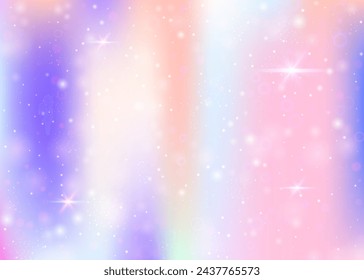 Magic background with rainbow mesh. Trendy universe banner in princess colors. Fantasy gradient backdrop with hologram. Holographic magic background with fairy sparkles, stars and blurs.