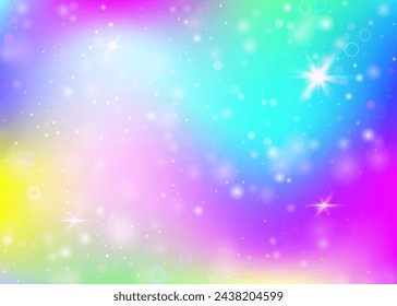 Magic background with rainbow mesh. Trendy universe banner in princess colors. Fantasy gradient backdrop with hologram. Holographic magic background with fairy sparkles, stars and blurs.