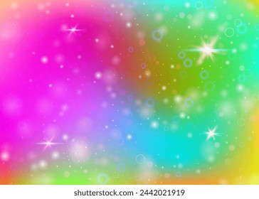Magic background with rainbow mesh. Trendy universe banner in princess colors. Fantasy gradient backdrop with hologram. Holographic magic background with fairy sparkles, stars and blurs.