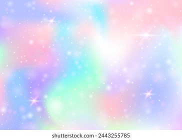 Magic background with rainbow mesh. Trendy universe banner in princess colors. Fantasy gradient backdrop with hologram. Holographic magic background with fairy sparkles, stars and blurs.
