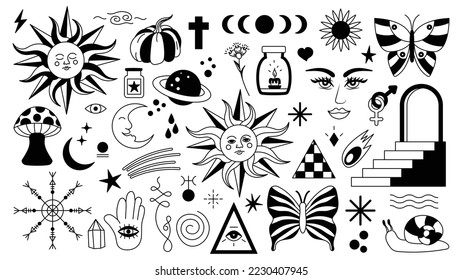 Magic background in retro style with hand drawn elements. Decorative mystical vector isolated pattern. editable stroke stickers. Esoteric element in minimalism. Collection of occult symbols tattoo.