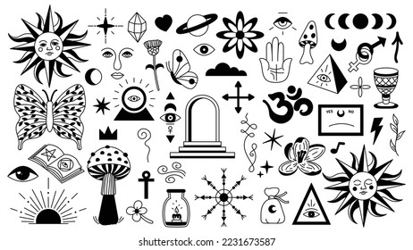 Magic background in retro style with hand drawn elements. Decorative mystical vector isolated pattern. editable stroke stickers. Esoteric element in minimalism. Collection of occult symbols tattoo.