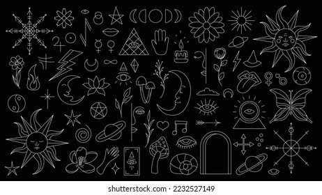 Magic background in retro style with hand drawn elements. Decorative mystical vector isolated pattern. editable stroke stickers. Esoteric element in minimalism. Collection of occult symbols tattoo.