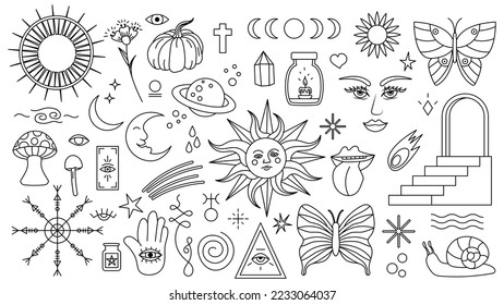 Magic background in retro style with hand drawn elements. Decorative mystical vector isolated pattern. editable stroke stickers. Esoteric element in minimalism. Collection of occult symbols tattoo.