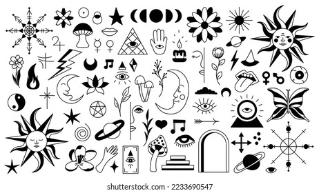 Magic background in retro style with hand drawn elements. Decorative mystical vector isolated pattern. editable stroke stickers. Esoteric element in minimalism. Collection of occult symbols tattoo.