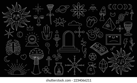 Magic background in retro style with hand drawn elements. Decorative mystical vector isolated pattern. editable stroke stickers. Esoteric element in minimalism. Collection of occult symbols tattoo.
