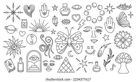 Fondo mágico en estilo retro con elementos dibujados a mano. Patrón aislado de vector místico decorativo. pegatinas de trazo modificables. Elemento estotérico en el minimalismo. Colección de tatuajes de símbolos ocultos.