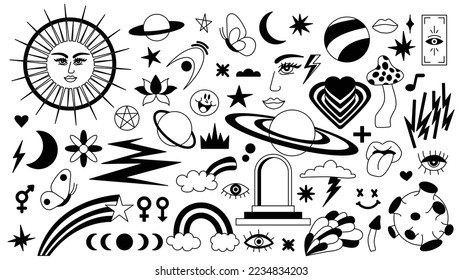 Magic background in retro style with hand drawn elements. Decorative mystical vector isolated pattern. editable stroke stickers. Esoteric element in minimalism. Collection of occult symbols tattoo.