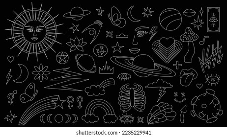 Magic background in retro style with hand drawn elements. Decorative mystical vector isolated pattern. editable stroke stickers. Esoteric element in minimalism. Collection of occult symbols tattoo.