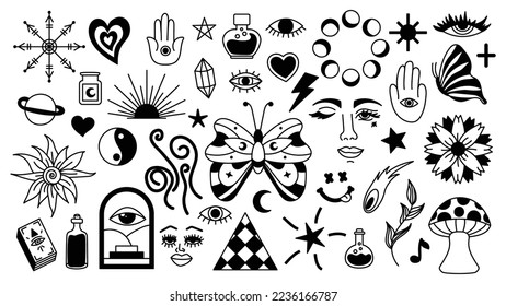 Magic background in retro style with hand drawn elements. Decorative mystical vector isolated pattern. editable stroke stickers. Esoteric element in minimalism. Collection of occult symbols tattoo.