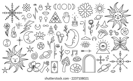 Magic background in retro style with hand drawn elements. Decorative mystical vector isolated pattern. editable stroke stickers. Esoteric element in minimalism. Collection of occult symbols tattoo.