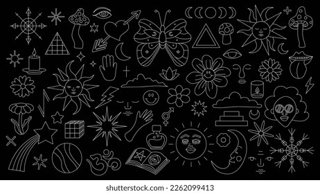 Magic background in retro style with hand drawn elements. Decorative mystical vector isolated pattern. editable stroke stickers. Esoteric element in minimalism. Collection of occult symbols tattoo.