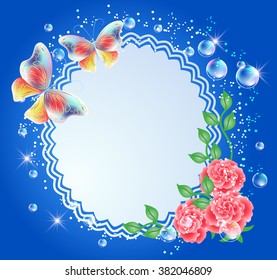 Magic background with roses, butterflies, openwork frame and a place for text or photo