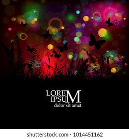 magic background and silhouette grass with butterflies. Vector