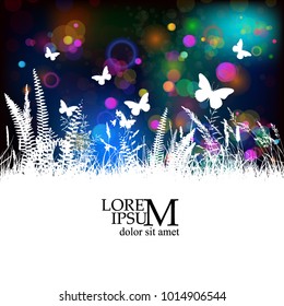 magic background and silhouette grass with butterflies. Vector