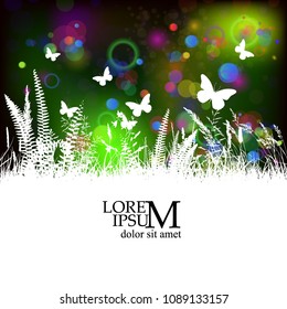 magic background and silhouette grass with butterflies. Vector