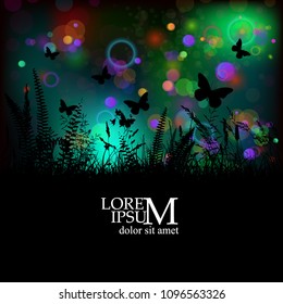 magic background and silhouette grass with butterflies. Vector