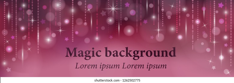 Magic background with stars and lights. Abstract background in purple and pink colors for banner, poster, postcard, wallpaper, newsletter. Suitable for New Year, Christmas, party, Valentine’s day.
