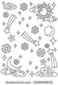 Magic background, sun, moon, clouds, stars, snowflakes. Background, coloring page. Black and white vector illustration.
