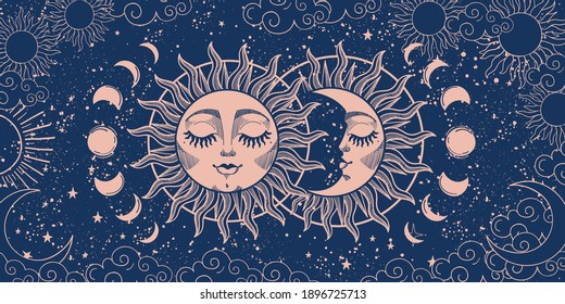 Magic background for tarot, astrology, magic. The device of the universe, crescent moon and sun with a face on a blue background. Esoteric vector illustration