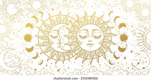 Magic Background For Tarot, Astrology, Magic. The Device Of The Universe, The Golden Crescent And The Sun With A Face On A White Background. Aesthetic Vector Illustration.