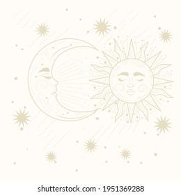 Magic background for tarot, astrology, magic. Occult symbols of moon, sun, and stars. Vector templates.