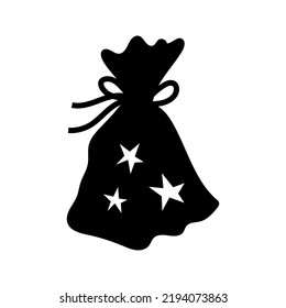 Magic bag with stars silhouette, isolated on white background. Vector illustration, traditional Halloween decorative element. Halloween magic bag silhouette black  - for design, decor and cricut.