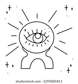 Magic ball with an all-seeing eye and stars. Doodle vector illustration, clipart.