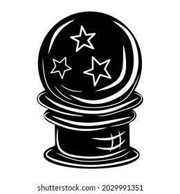 Magic Ball auf Schwarz, Cartoon einzeln auf weißem Hintergrund, Vektorgrafik für Design und Dekoration, Halloween, Aufkleber, Vorlage