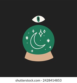Bola mágica para adivinación y previsión, diseño de tatuaje boho mágico para bruja, brujería para Halloween, astrología. Ilustración dibujada a mano simple del vector.